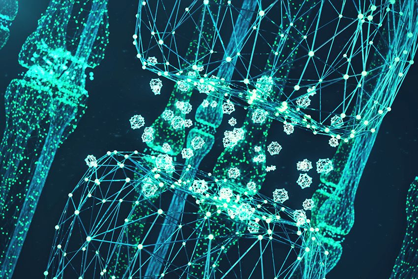Blue glowing synapse. Artificial neuron in concept of artificial intelligence. Synaptic transmission lines of pulses. Abstract polygonal space low poly with connecting dots and lines. 3D rendering